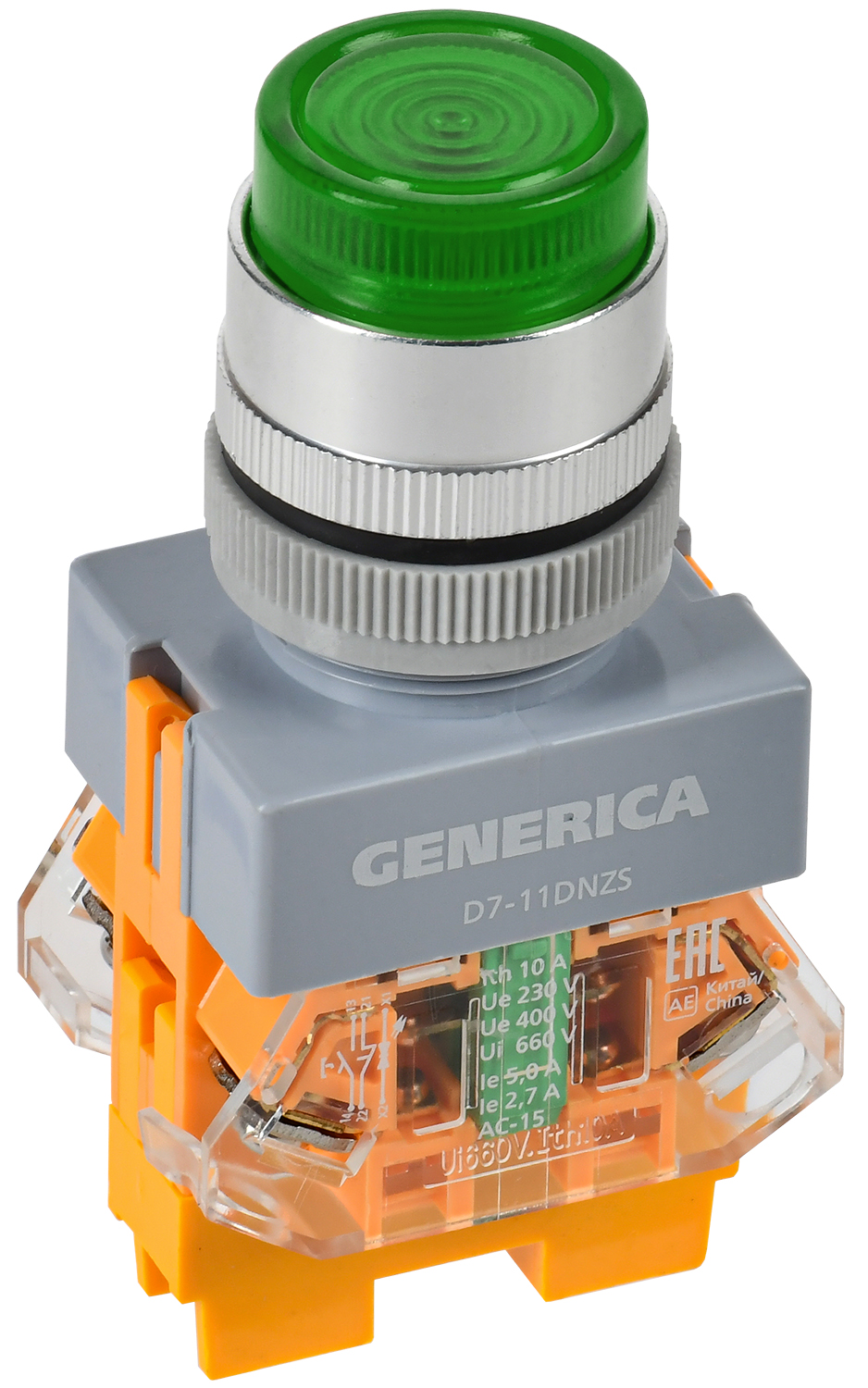 Кнопка управления D7-11DNZS d=22мм 1з+1р с подсветкой и фиксацией зеленая GENERICA
