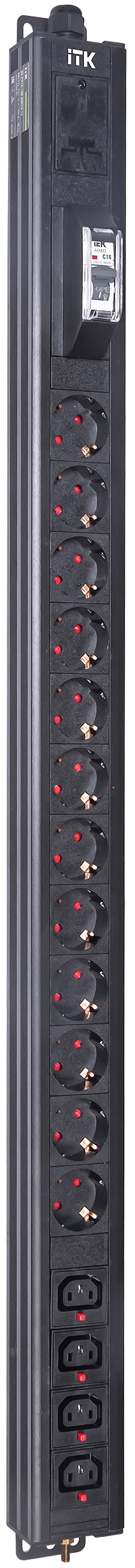 ITK BASE PDU вертикальный PV1111 22U 1 фаза 16А 12 розеток SCHUKO (немецкий стандарт) + 4 розетки C13 кабель 2,6м вилка SCHUKO (немецкий стандарт)