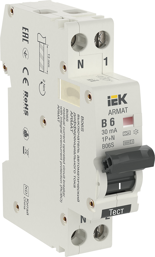 ARMAT Автоматический выключатель дифференциального тока B06S 1P+NP B6 30мА тип A (18мм) IEK