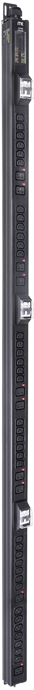 ITK BASE PDU вертикальный PV1113 45U 3 фазы 32А 38 розеток C13 + 10 розеток C19 с клеммной колодкой и кабелем 6м вилка IEC60309 (промышленная) черный