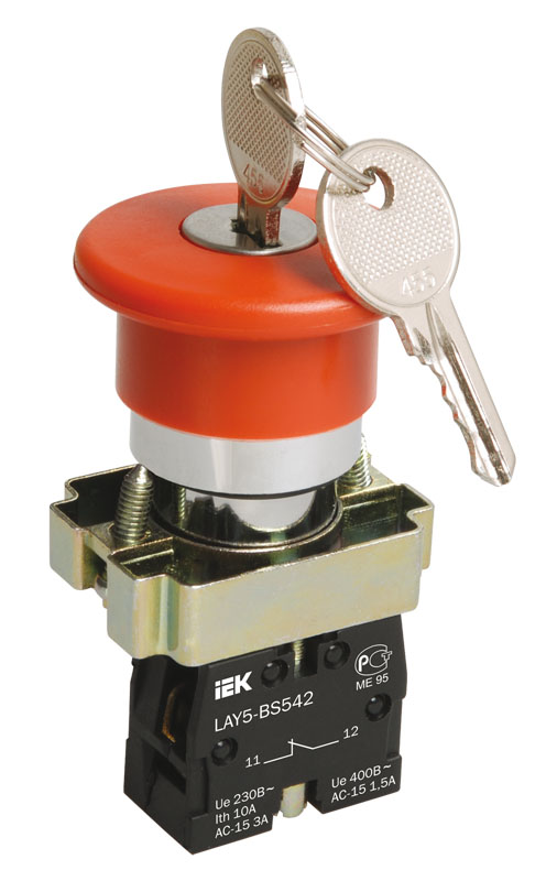 Кнопка управления LAY5-BS142 "Грибок" d=22мм 1р 240В с ключом красная IEK