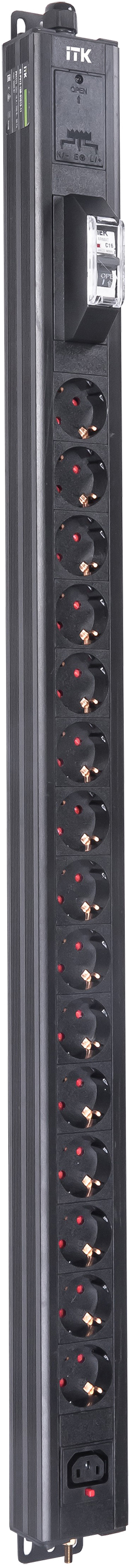 ITK BASE PDU вертикальный PV1111 22U 1 фаза 16А 15 розеток SCHUKO (немецкий стандарт) + 1 розетка C13 кабель 2,6м вилка SCHUKO (немецкий стандарт)