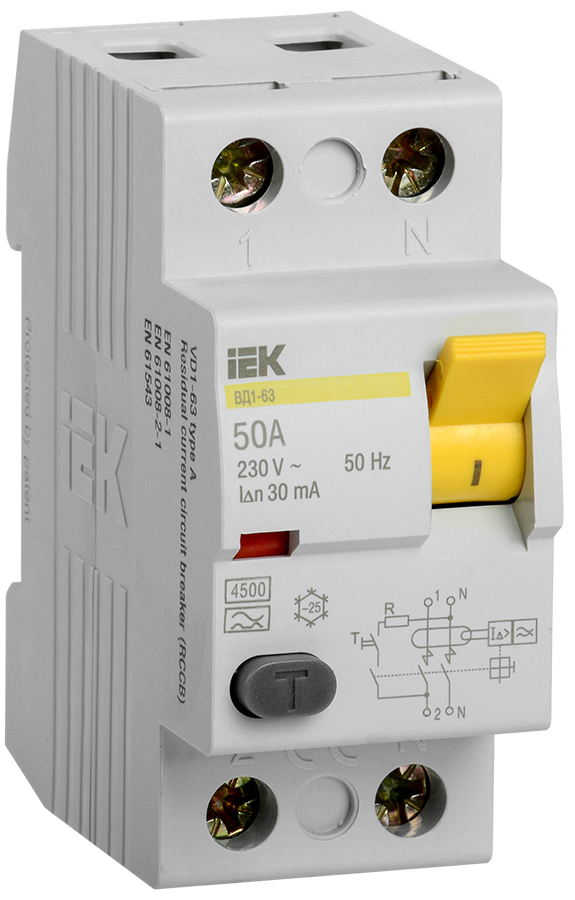 Выключатель дифференциальный (УЗО) ВД1-63 2Р 50А 30мА тип А IEK