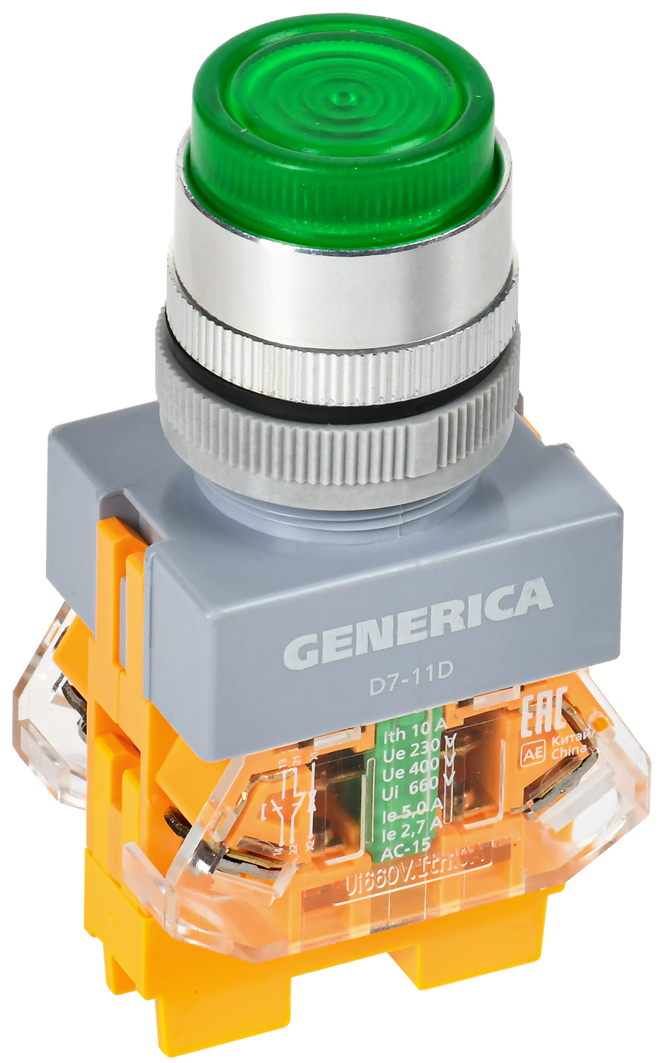 Кнопка управления D7-11D d=22мм 1з+1р с подсветкой зеленая GENERICA