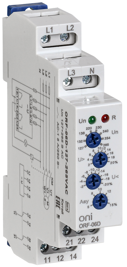 Реле контроля фаз ORF-06D 3 фазы 2 контакта 127-265В AC с контролем нейтрали ONI