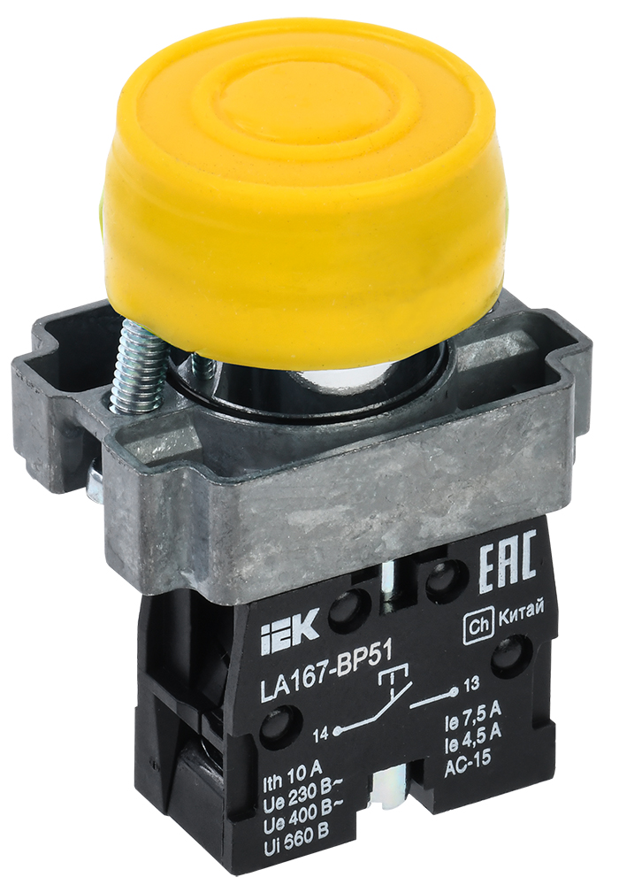 Кнопка управления LA167-BP51 d=22мм 1з желтая IEK