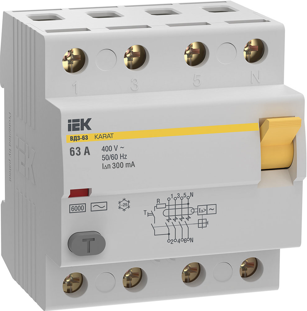 Выключатель дифференциальный (УЗО) KARAT ВД3-63 4P 63А 300мА 6кА тип AC IEK