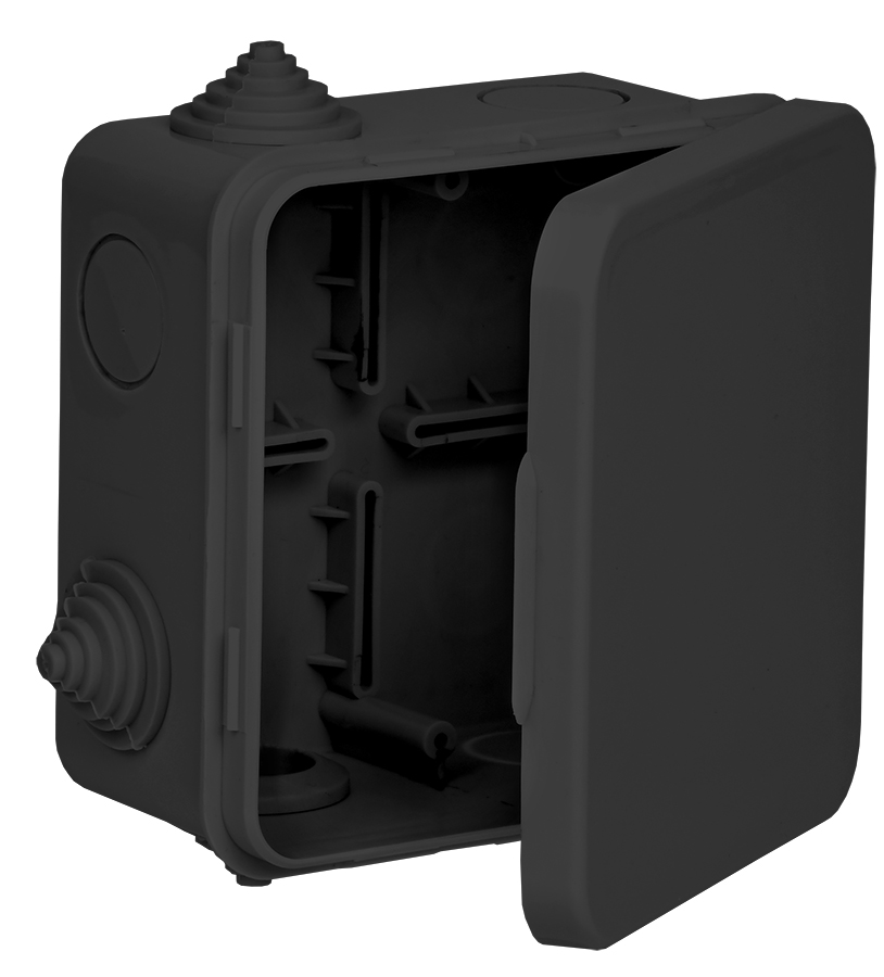 Коробка распаячная КМ41256 для открытой проводки с откидной крышкой 100х100х50мм IP54 8 гермовводов черная (RAL 9005) IEK