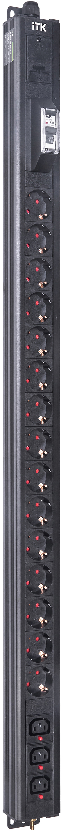 ITK BASE PDU вертикальный PV1111 24U 1 фаза 16А 15 розеток SCHUKO (немецкий стандарт) + 3 розетки C13 кабель 2,6м вилка SCHUKO (немецкий стандарт)