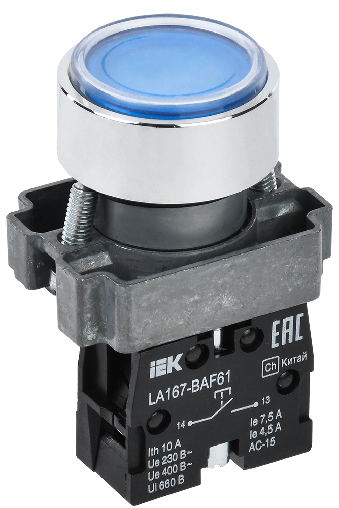 Кнопка управления LA167-BAF61 d=22мм 1з синяя IEK