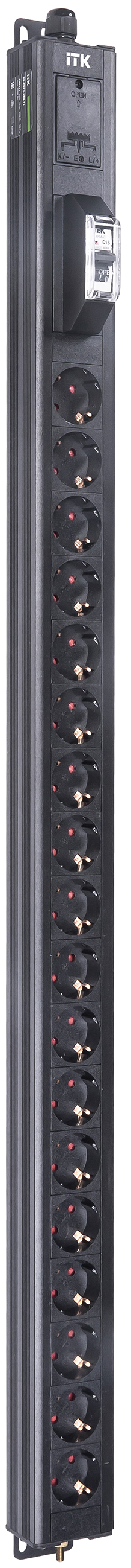 ITK BASE PDU вертикальный PV0111 24U 1 фаза 16А 18 розеток SCHUKO (немецкий стандарт) кабель 2,6м вилка SCHUKO (немецкий стандарт)