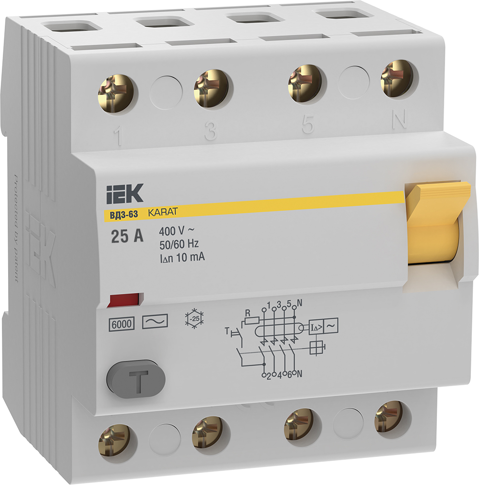 Выключатель дифференциальный (УЗО) KARAT ВД3-63 4P 25А 10мА 6кА тип AC IEK