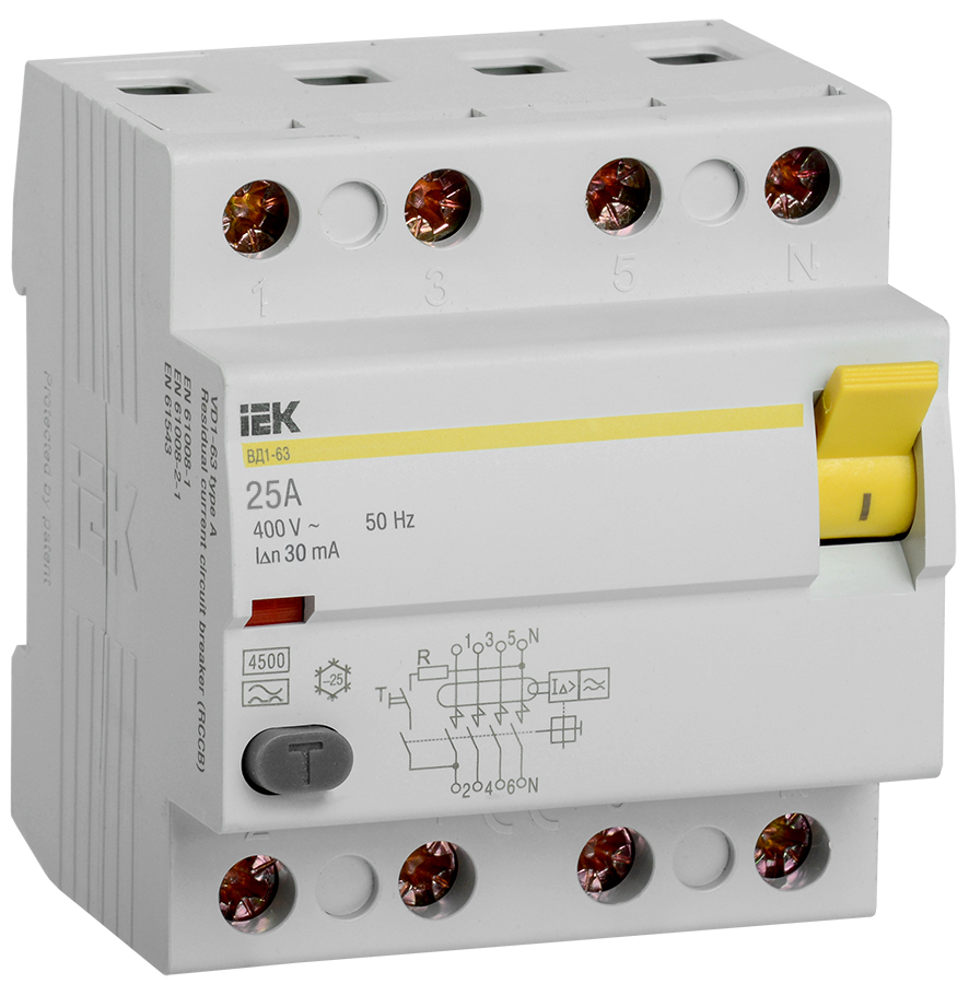 Выключатель дифференциальный (УЗО) ВД1-63 4Р 25А 30мА тип А IEK