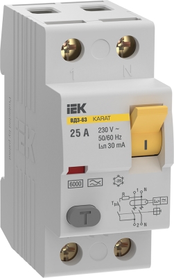 Выключатель дифференциальный (УЗО) KARAT ВД3-63 2P 25А 30мА 6кА тип A IEK