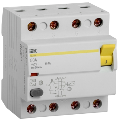 Выключатель дифференциальный (УЗО) ВД1-63 4Р 50А 30мА тип А IEK