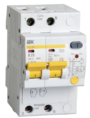 Дифференциальный автоматический выключатель АД12М 2Р B25 30мА IEK
