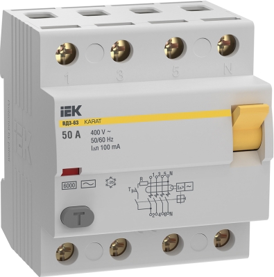 Выключатель дифференциальный (УЗО) KARAT ВД3-63 4P 50А 100мА 6кА тип AC IEK